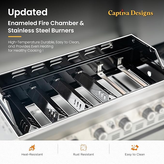 Captiva Designs 6-Burner Propane Gas BBQ Grill with Side Burner & Porcelain-Enameled Cast Iron Grate and Plate for Outdoor Barbucue Events, 52,000 BTU Output,740 SQ.IN. Cooking Area๏ผHeavy Duty