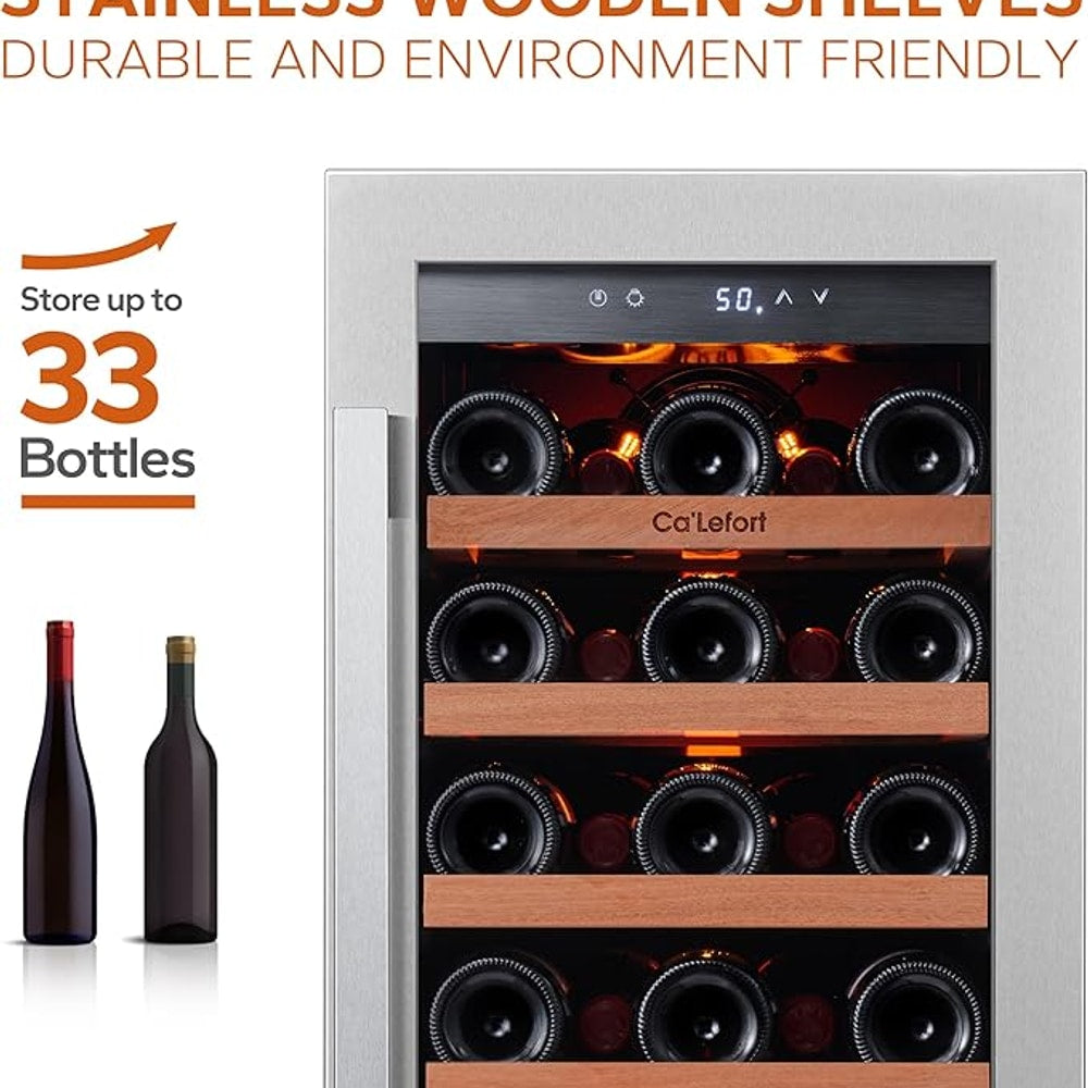 Ca'Lefort 15 Inch Wine Fridge, 33 Bottle Wine Cooler Refrigerator, 40-65°F Wine Refrigerator Glass Door, 3 LED Wine Fridge, Built-in or Freestanding Wine Fridge for Home/Bar/Kitchen (3.0 cu.ft)