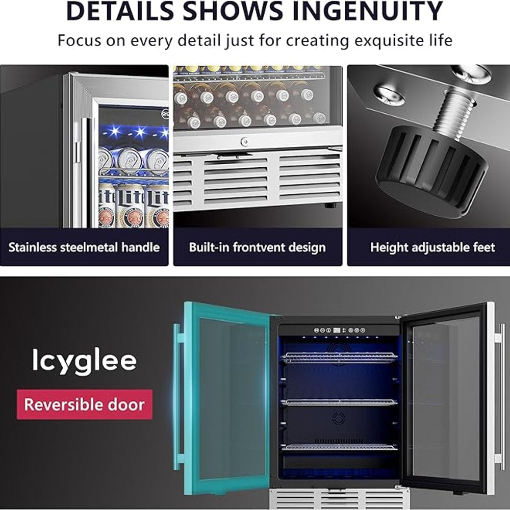 24 Inch Beverage Refrigerator, Beverage Cooler 180 Can Built-in Design, Under Counter Beer Fridge with Glass Door for Soda, Wine, Water - For Kitchen, Office or Bar