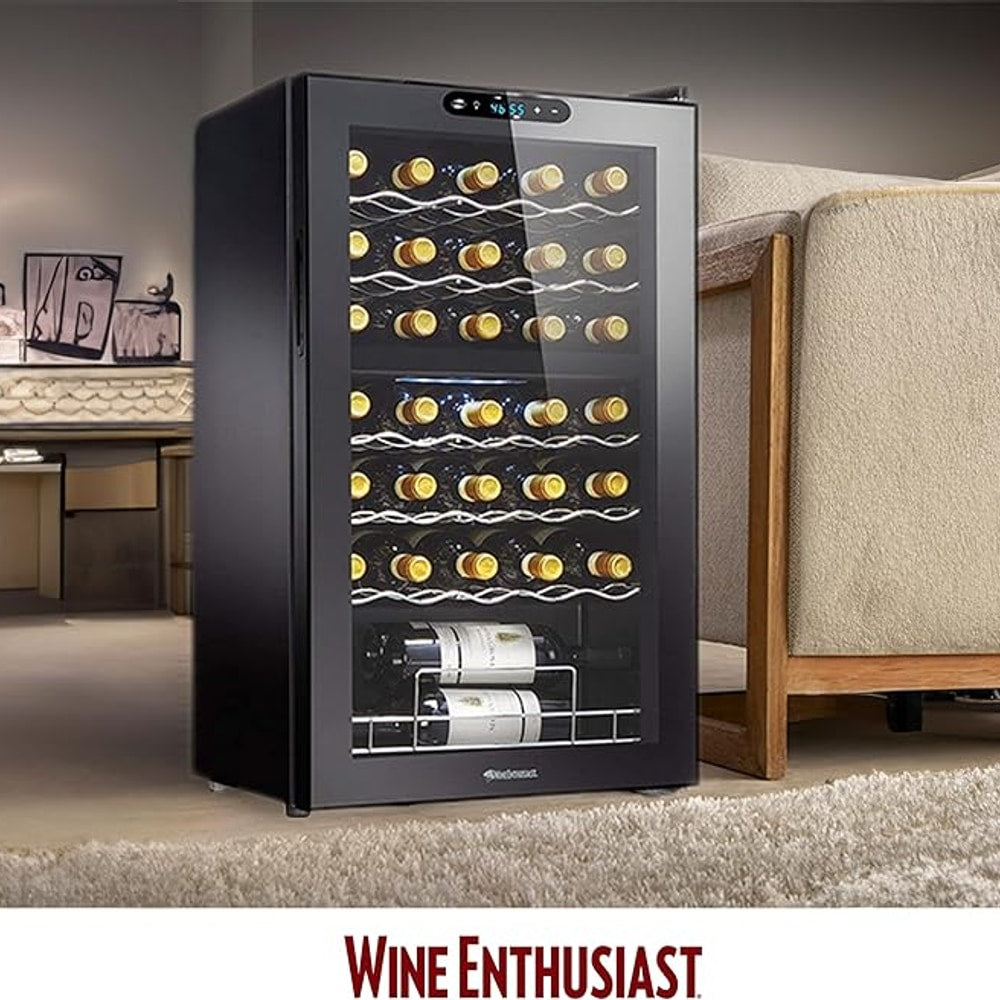Wine Enthusiast 32-Bottle Dual Zone MAX Compressor Wine Cooler – Freestanding Mini Fridge with Digital Touchscreen, LED Display, Split Storage for Red & White Wines, Matte Black Refrigerator Home Bar