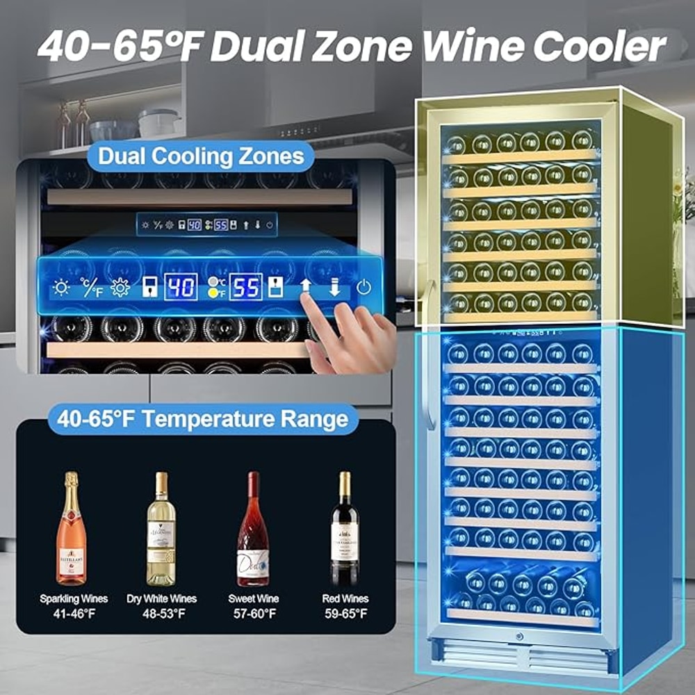 24 Inch Wine Fridge,180 Bottles Dual Zone Wine Cooler Refrigerator, Built-in or Freestanding Wine Refrigerator with Glass Door and Safety Lock, Low Noise, Large Wine Cellar for Home, Office, Kitchen