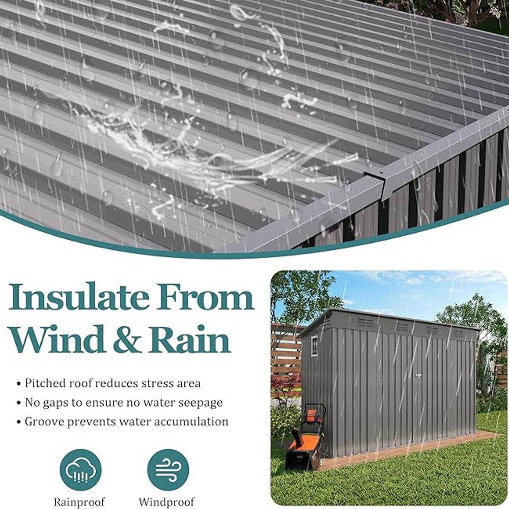 4 * 9.2 * 6 FT Outdoor Storage Shed, Galvanized Steel Garden Shed with Lockable Door & Window, Waterproof Metal Tool Storage for Garden, Backyard, Patio, Lawn(Gray)