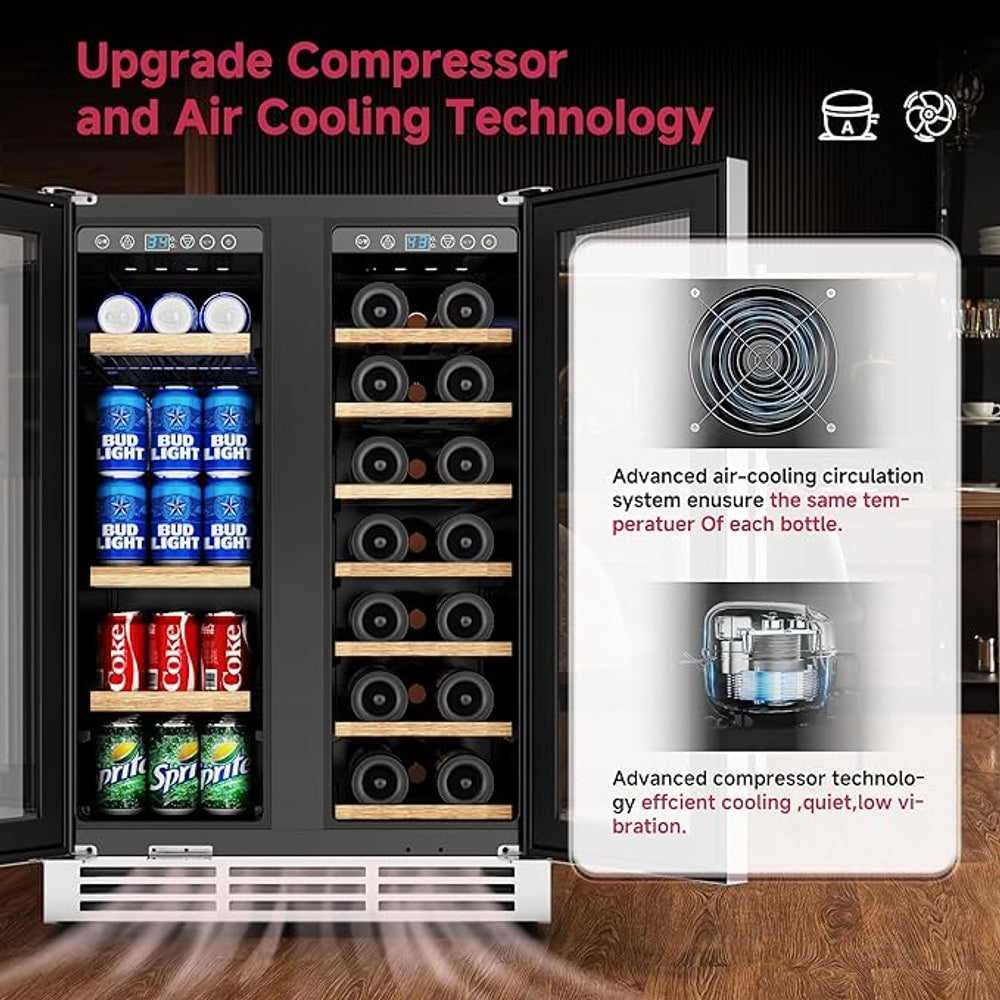 24" Wine and Beverage Refrigerator, Dual Zone Wine Cooler with Glass Door, Hold 88 Cans & 21 Bottles, Built in or Freestanding Under Counter Wine Fridge with Blue LED Light.