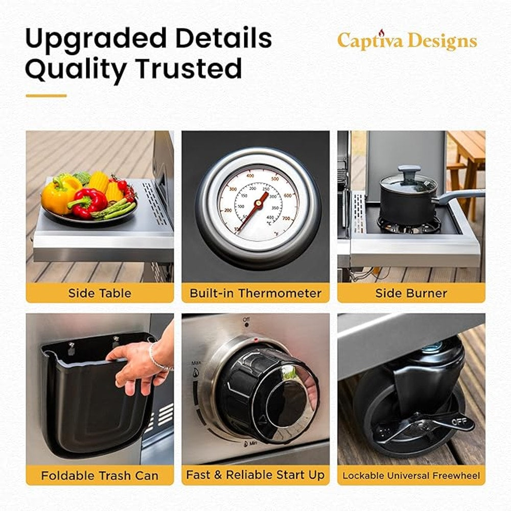 Captiva Designs 6-Burner Propane Gas BBQ Grill with Side Burner & Porcelain-Enameled Cast Iron Grate and Plate for Outdoor Barbucue Events, 52,000 BTU Output,740 SQ.IN. Cooking Area๏ผHeavy Duty