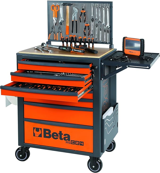 Beta RSC24 Heavy Duty Rolling Tool Cabinet, 8 Drawers, Blue, Ball Bearing Slides, Rubber Mat Liners, 5" Casters, Anti-Fall Edge Worktop, 1760 lbs Load Capacity, Made in Italy