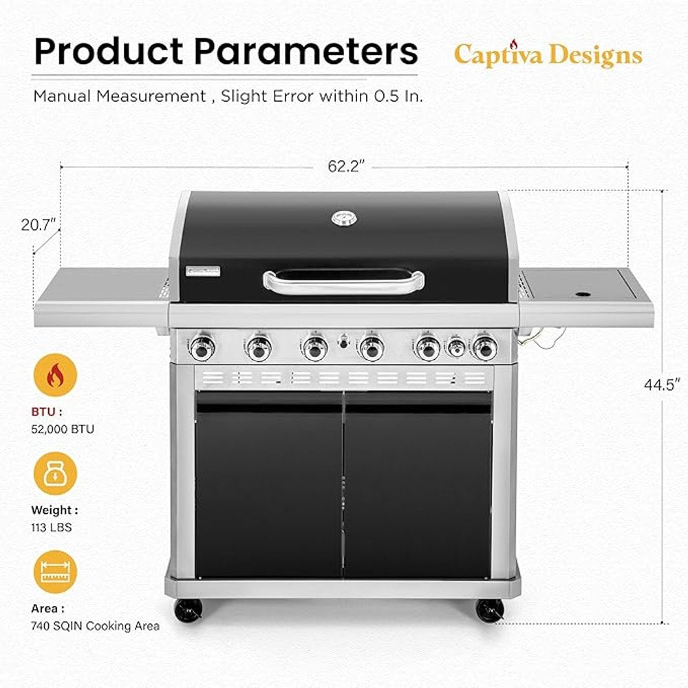 Captiva Designs 6-Burner Propane Gas BBQ Grill with Side Burner & Porcelain-Enameled Cast Iron Grate and Plate for Outdoor Barbucue Events, 52,000 BTU Output,740 SQ.IN. Cooking Area๏ผHeavy Duty