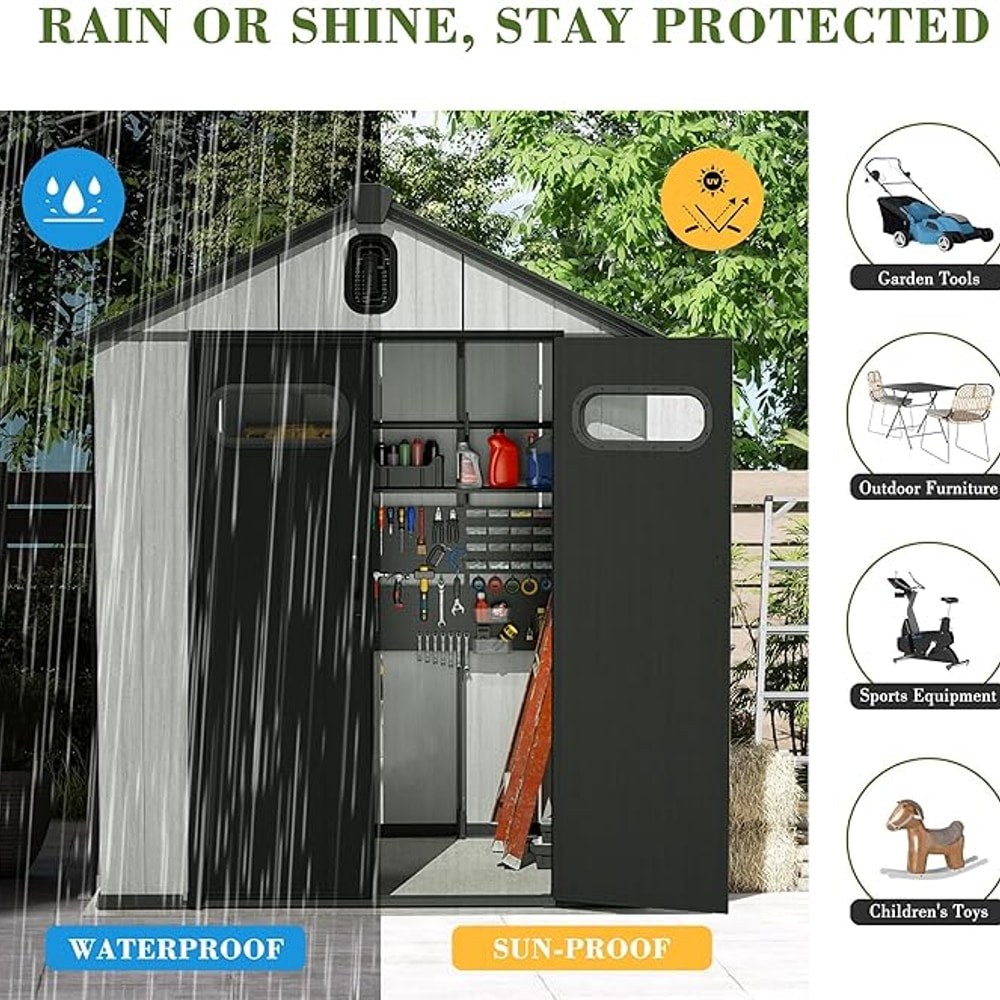 Domi 8x6FT Outdoor Resin Storage Shed with Transparent Windows & Louvered Vents, Plastic Tool Shed with Double Lockable Doors & Gable Roof, Outside Garden Shed for Backyard, Patio, Lawn, Grey