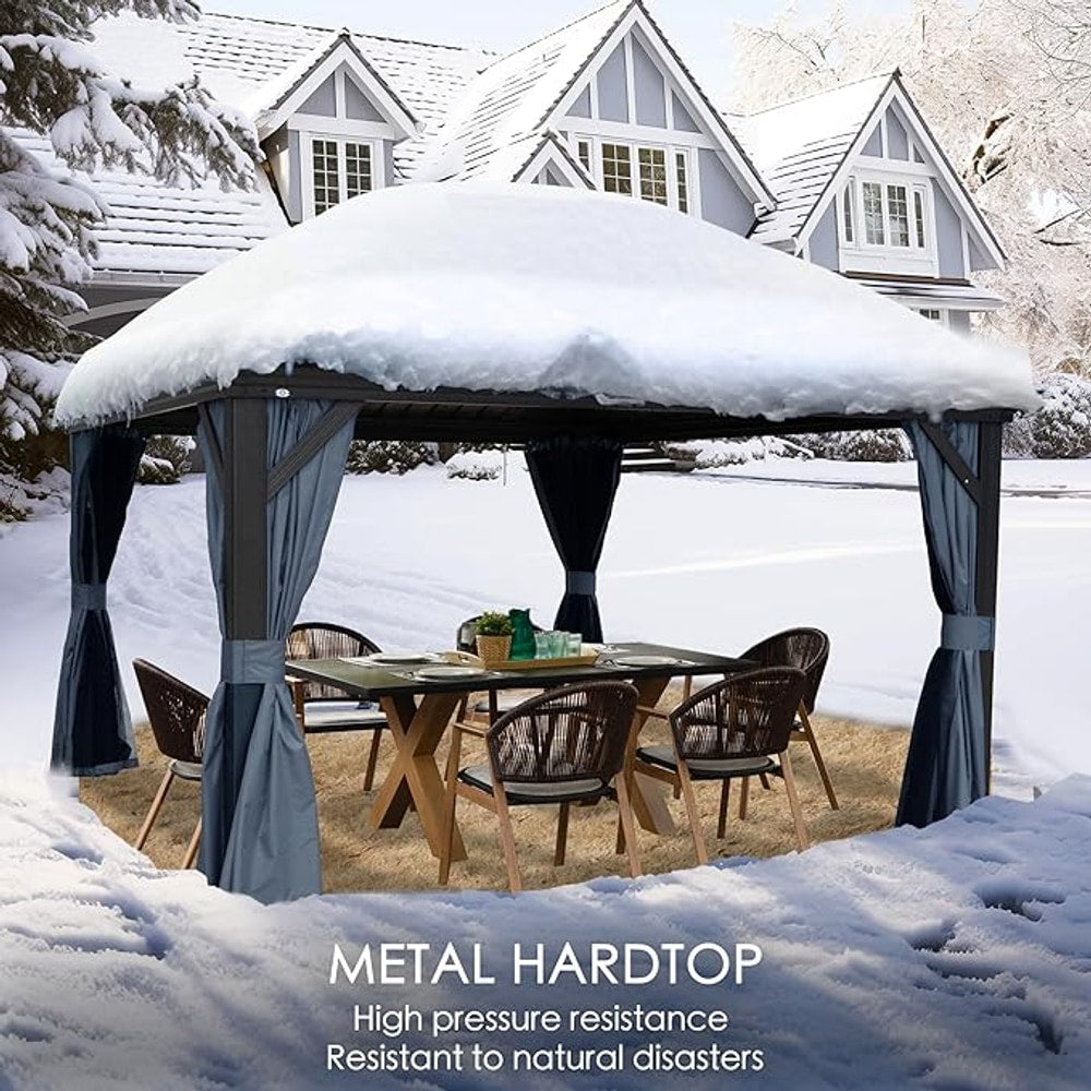 Kozyard Alexander 10' X 12' Hardtop, Aluminum Metal Gazebo with Galvanized Steel Double Roof Canopy, Curtain and Netting, Permanent Pavilion for Patio, Backyard, Deck, Lawn (Gray)