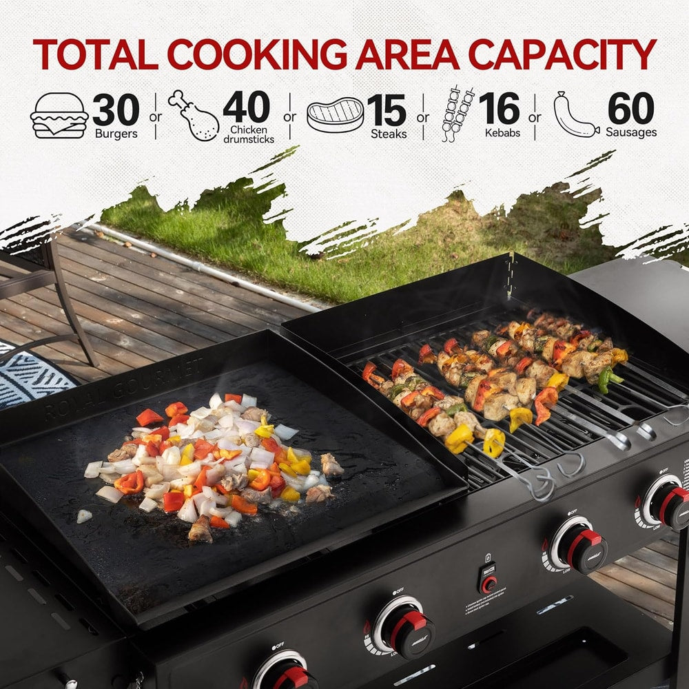 Royal Gourmet GD405A 4 Burner Propane Gas Grill and Griddle Combo with Grilling Gear Set, Griddle Grill Combo with Foldable Side Tables for Outdoor Cooking While Camping or Tailgating, Black