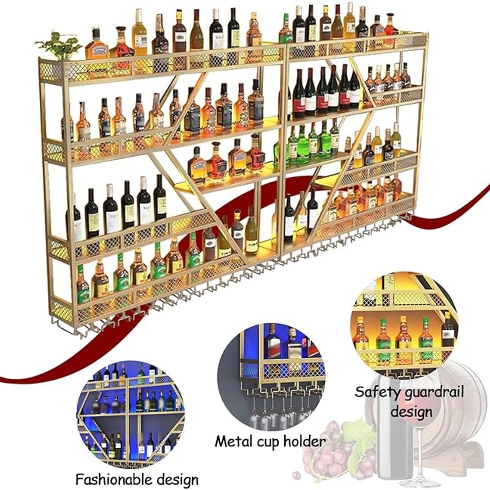 Wall Mounted Wine Rack with Glass Holder, 3-Tier Metal Storage Shelf, Black Diamond Design, Wine Bottle Display with Stemware Storage (Black, 63in/160cm)