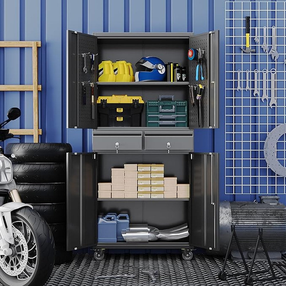 Metal Garage Storage Cabinet with Locking Doors and 2 Adjustable Shelves, Rolling Tool Storage Cabinet with 4 Wheels and 2 Drawer for Garage, Warehouse, Black, Assembly Required