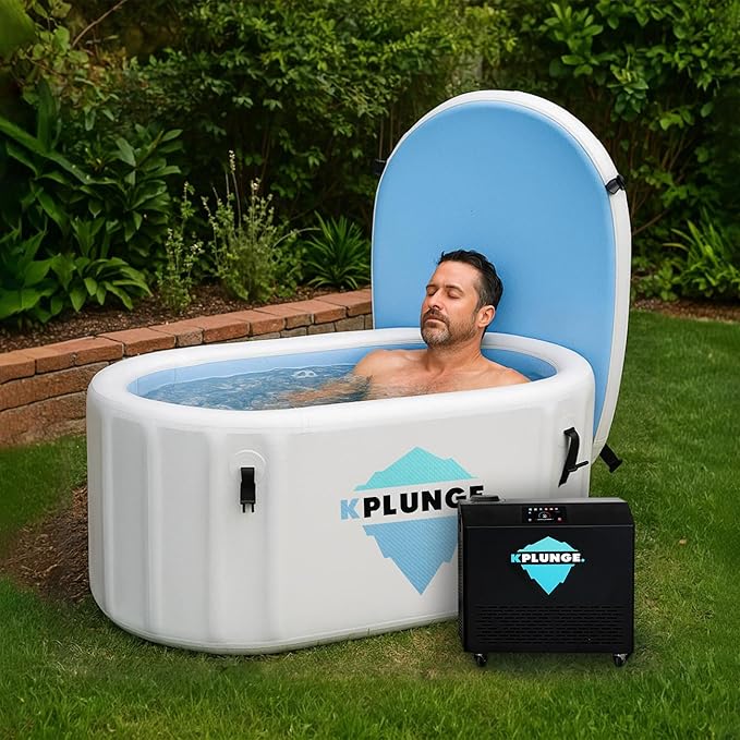 Kodiak 59" 1-Person Inflatable Cold Plunge Ice Bath or Hot Tub with 3/4 HP Chiller and Heater, PVC Insulated Lid, Hand Pump, Repair Kit, 110-Gallon Capacity, Indoor/Outdoor Tub ā Gray