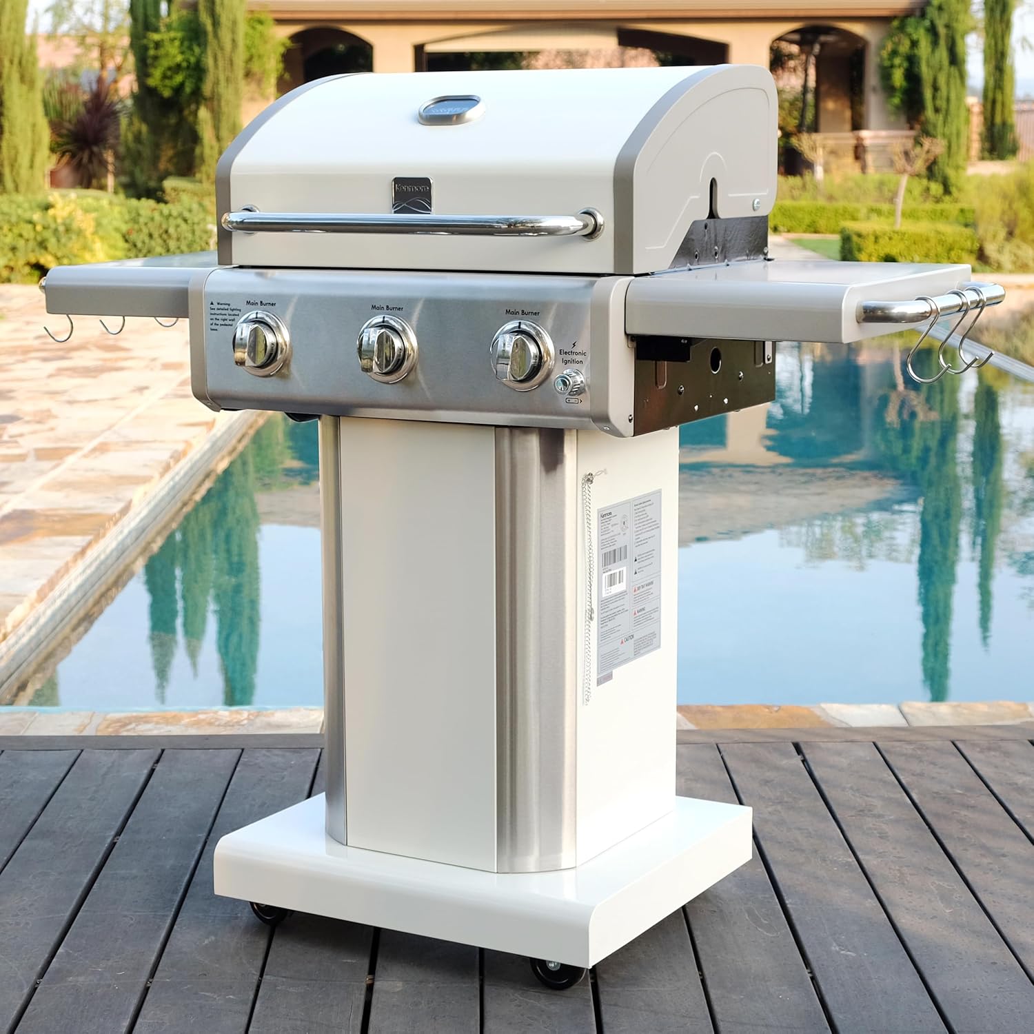 Kenmore 3-Burner Propane BBQ Grill, 30,000 BTUs Gas Grill with Cast Iron Cooking Grates, Folding Side Tables & Wheels, Outdoor Grill with Tool Hooks, Pearl White + Bonus Cover