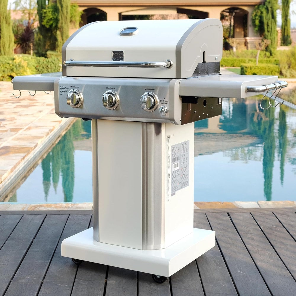 Kenmore 3-Burner Propane BBQ Grill, 30,000 BTUs Gas Grill with Cast Iron Cooking Grates, Folding Side Tables & Wheels, Outdoor Grill with Tool Hooks, Pearl White + Bonus Cover
