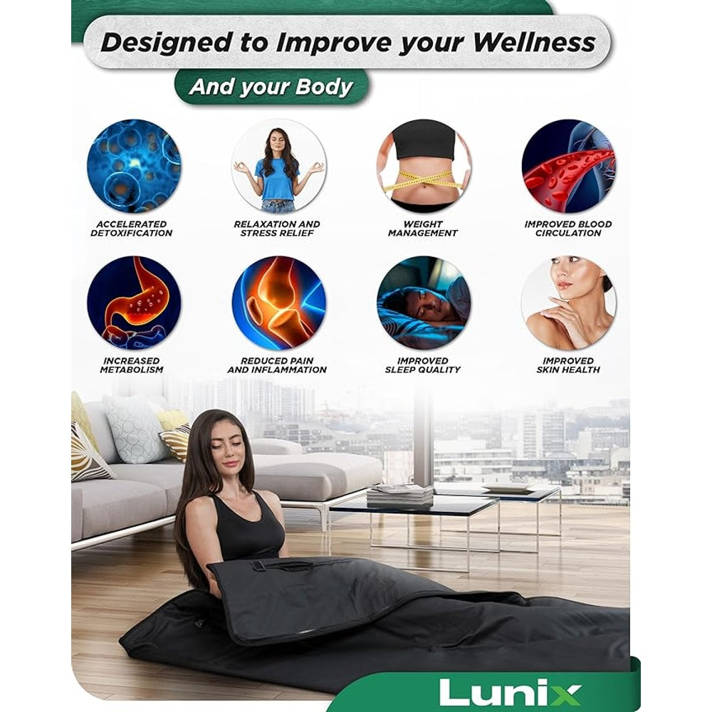 Lunix LX17 Infrared Sauna Blanket for Home, Portable Sauna for Detox, Pain Relief & Recovery, Adjustable 77–176°F Far Infrared Heat with Head Pillow, Detox Wrap & Hot Cold Gel Pack – Jet Black