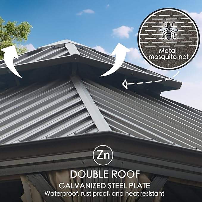 Kozyard Alexander 12' X 16' Hardtop Permanent Aluminum Metal Gazebo with Galvanized Steel Double Roof Canopy, Curtain and Netting Pavilion for Patio, Backyard, Deck, Lawn (Gray)