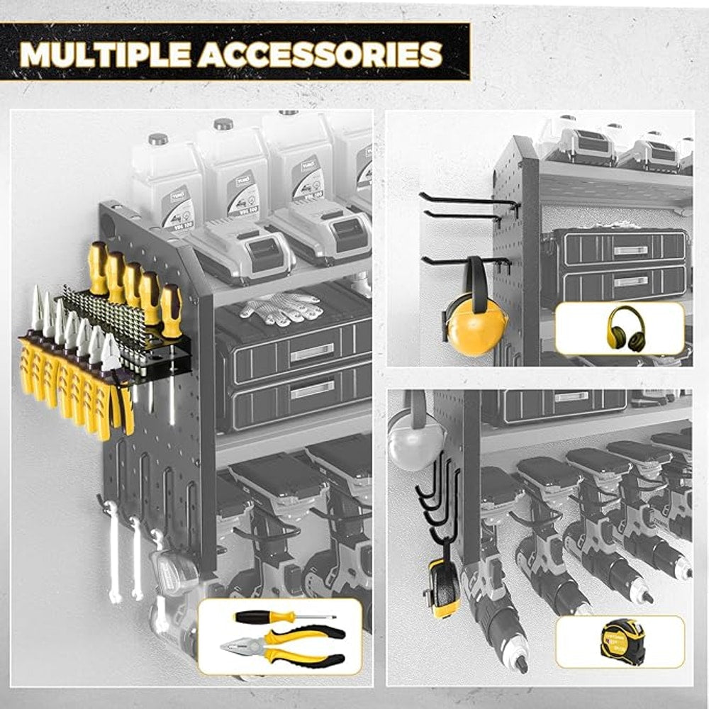 KAFAHOM Power Tool Organizer with Charging Station, Built in 8 Outlet Power Strip,Large 8 Drill Holder Wall Mount, Heavy Duty Metal Power Tool Storage Rack Tool Shelf for Garage Organization Yellow