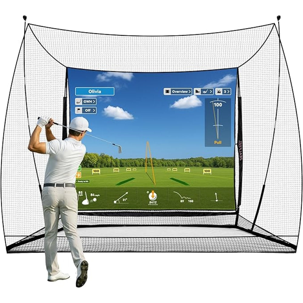 Golf Simulator Cage with Side Barriers&Impact Screen – 10x8 FT Golf Net with Dual-Layer HD Simulator Screen for High-Speed Shots, Practice Net with Ball Return for Indoor Outdoor Backyard