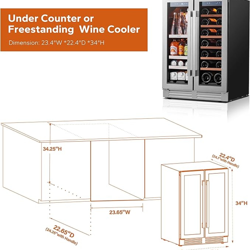 Ca'Lefort 24 Inch Wine and Beverage Refrigerator, 60 Can and 20 Bottle Wine Fridge 36-72°F, 3 LED Dual Zone Wine Cooler with Glass Door, Built-in Compressor Refrigerator for Home/Kitchen (4.10 cu.ft)