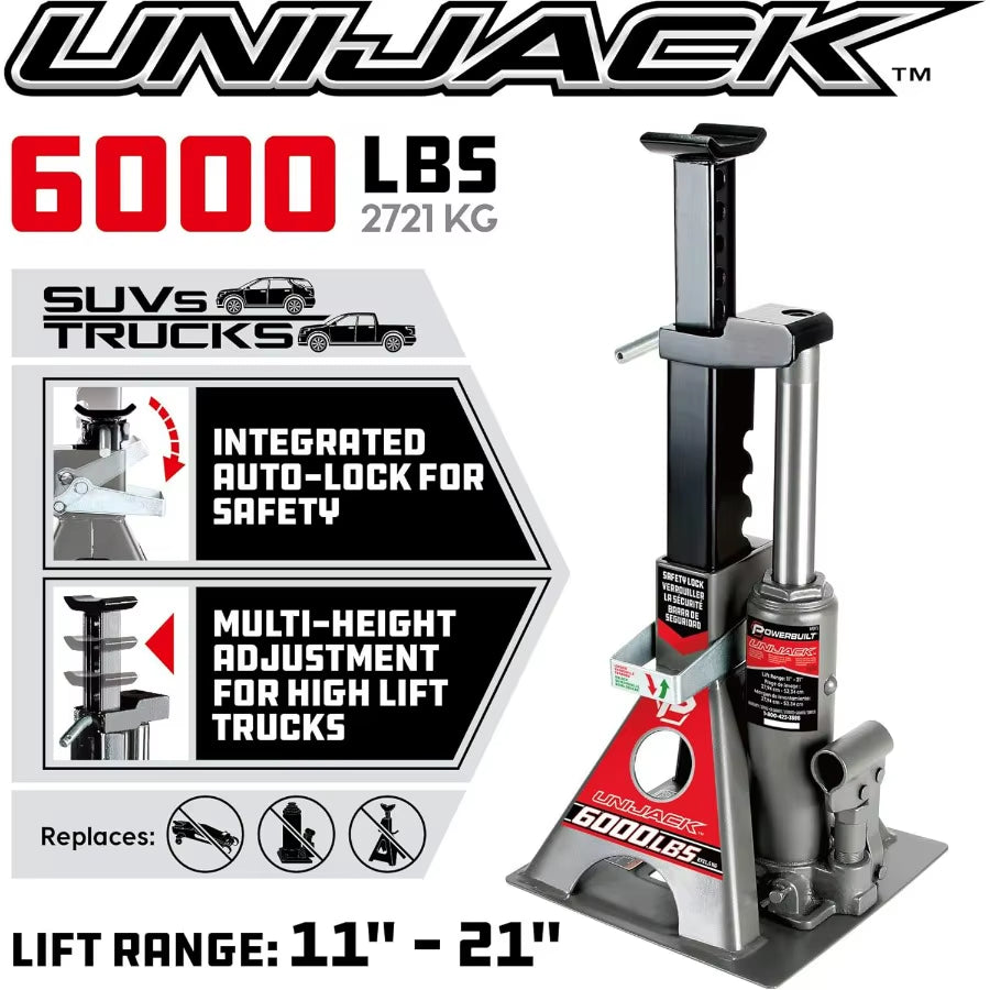 3 Ton, Bottle Jack and Jack Stands in One, 6000 Pound Capacity, All-In-One Car Lift, Heavy Duty Vehicle Unijack, Wide Base, 6204