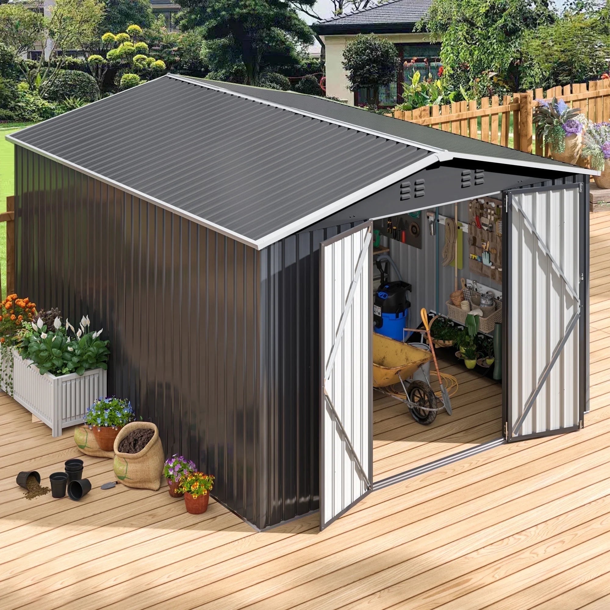10'X14' Outdoor Metal Shed , Storage Shed with Updated Frame, Lockable Doors & Sliding Roof for Backyard, Garden, Black