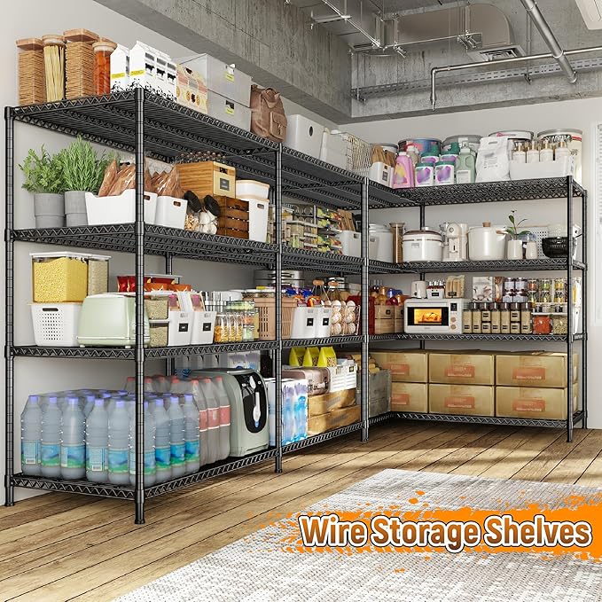 REIBII 81.5''W Storage Shelves 3680LBS Garage Shelving Heavy Duty 4 Tier Metal Shelving Unit Adjustable Wire Shelf and Storage Pantry Shelves for Kitchen Garage, 81.5Wx23.62Dx70.86H,Black, 2PCS