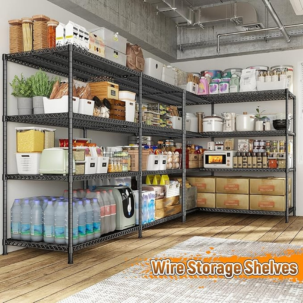 REIBII 81.5''W Storage Shelves 3680LBS Garage Shelving Heavy Duty 4 Tier Metal Shelving Unit Adjustable Wire Shelf and Storage Pantry Shelves for Kitchen Garage, 81.5Wx23.62Dx70.86H,Black, 2PCS