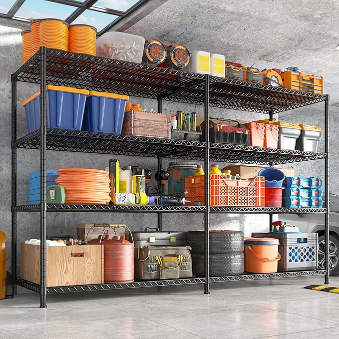 REIBII 81.5''W Storage Shelves 3680LBS Garage Shelving Heavy Duty 4 Tier Metal Shelving Unit Adjustable Wire Shelf and Storage Pantry Shelves for Kitchen Garage, 81.5Wx23.62Dx70.86H,Black, 2PCS
