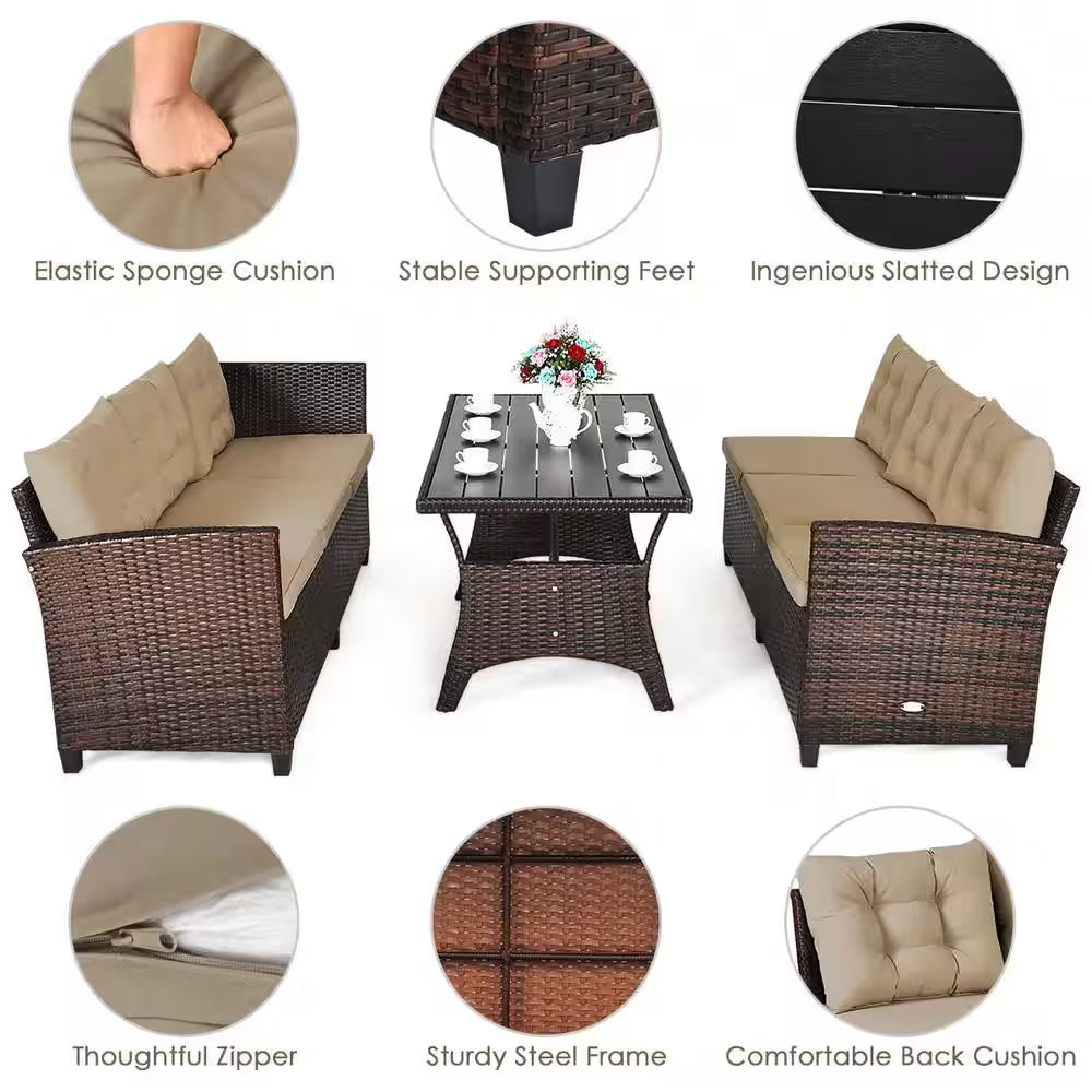 Island 3-Piece Wicker Dining Set Patio Furniture 6-Seats Sofa with Coffee Cushions