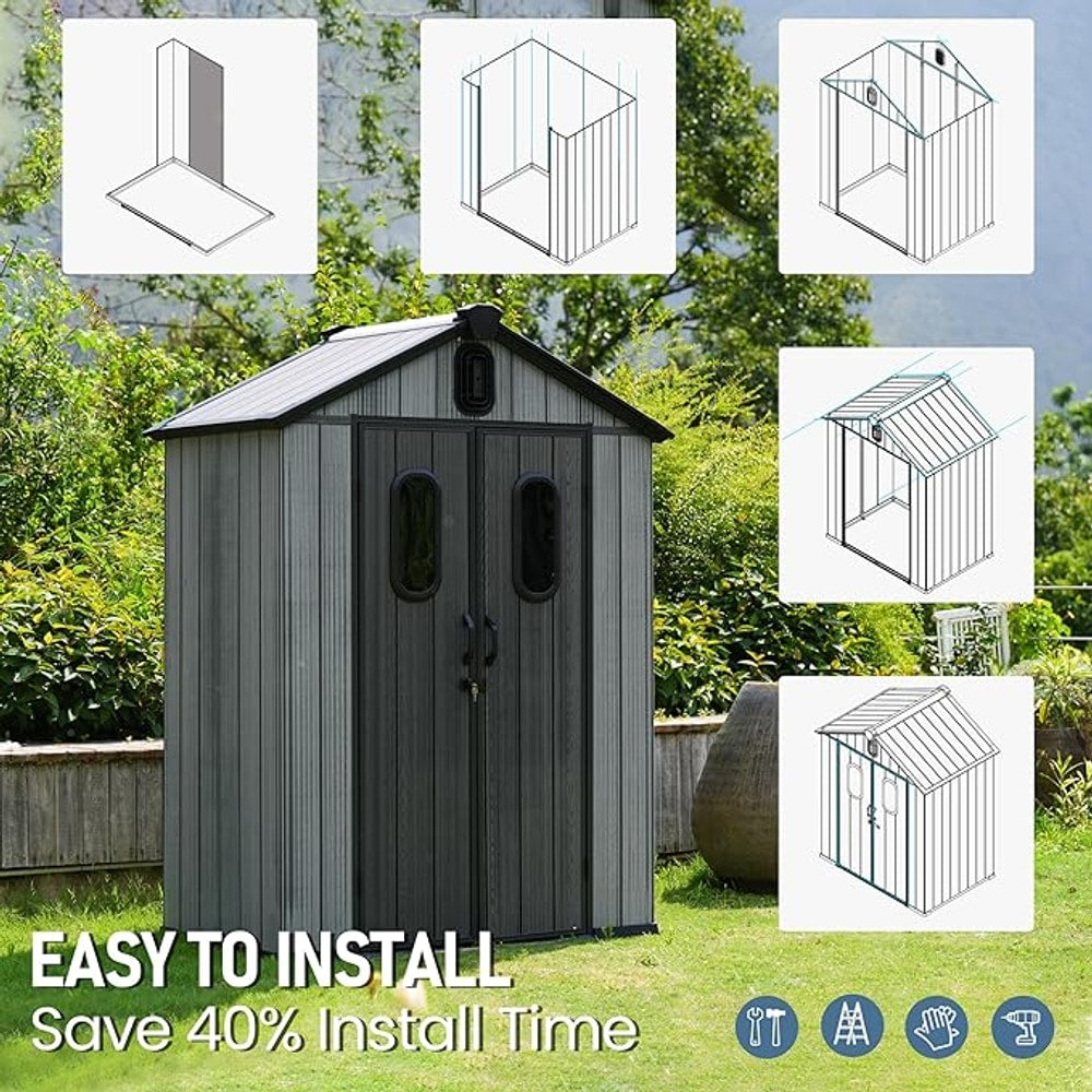 Domi 5x3 FT Outdoor Resin Storage Shed, All-Weather Double-Wall Storage Building for Backyard, Garden, Lawn Tools, Mower, Bike & Pool Equipment, Lockable Doors, Ventilated Roof, Grey