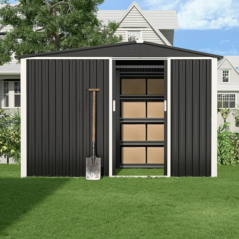 Metal Outdoor Storage Shed 10FT x 6FT with Firewood Storage, Steel Utility Tool Shed Storage House with Sliding Door, Metal Sheds Outdoor Storage for Backyard Garden Patio Lawn, Black