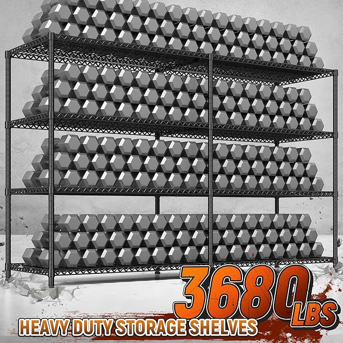 REIBII 81.5''W Storage Shelves 3680LBS Garage Shelving Heavy Duty 4 Tier Metal Shelving Unit Adjustable Wire Shelf and Storage Pantry Shelves for Kitchen Garage, 81.5Wx23.62Dx70.86H,Black, 2PCS
