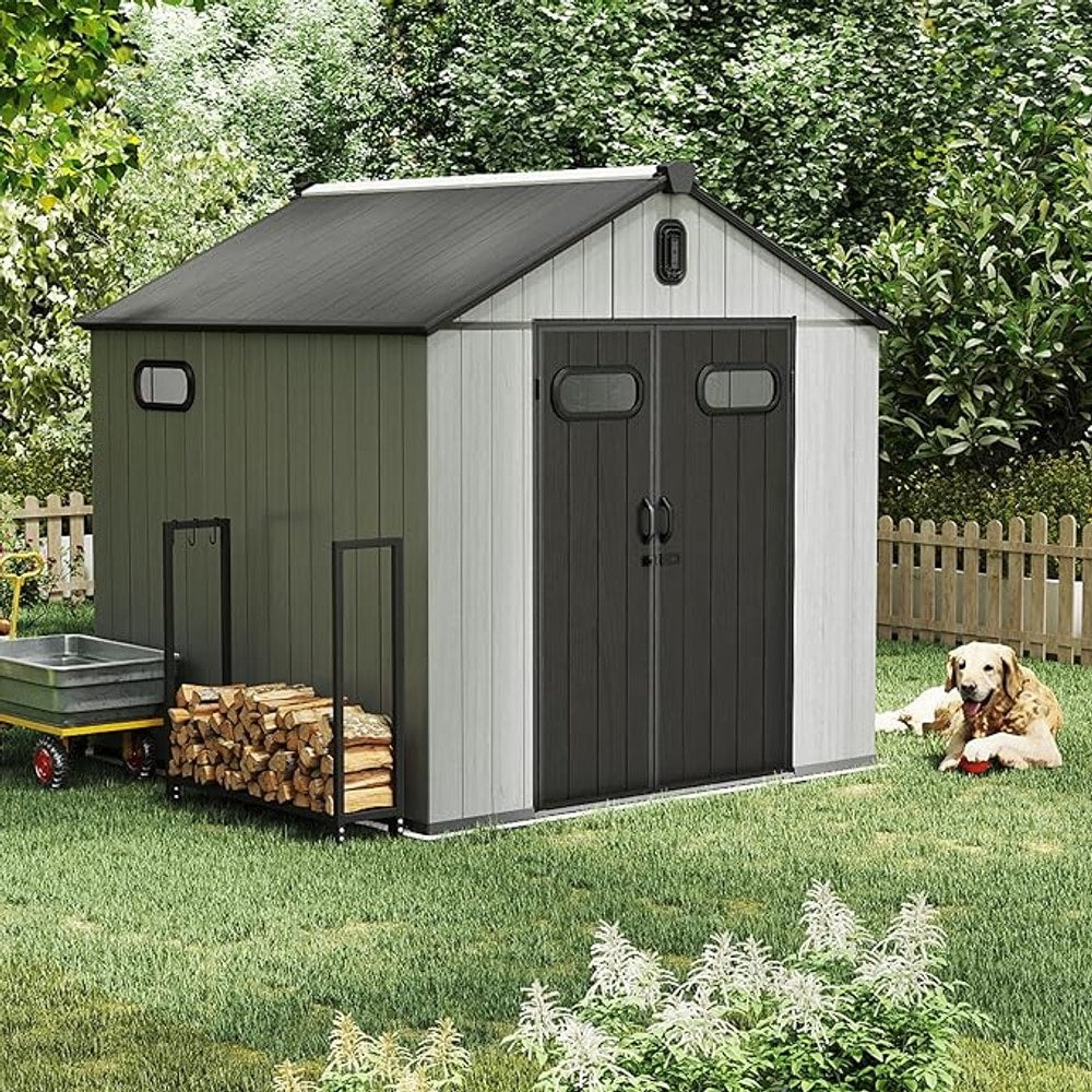 Domi 8x8FT Outdoor Resin Storage Shed with Transparent Windows & Louvered Vents, Plastic Tool Shed with Double Lockable Doors & Gable Roof, Outside Garden Shed for Backyard, Patio, Lawn, Grey