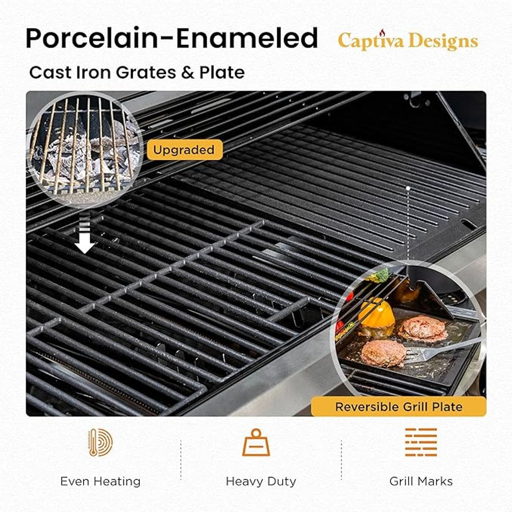 Captiva Designs 6-Burner Propane Gas BBQ Grill with Side Burner & Porcelain-Enameled Cast Iron Grate and Plate for Outdoor Barbucue Events, 52,000 BTU Output,740 SQ.IN. Cooking Area,Heavy Duty