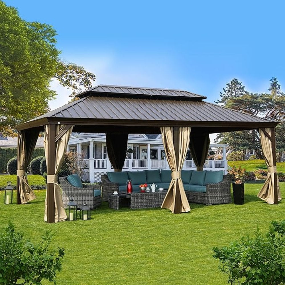 Kozyard Alexander 12' X 20' Permanent Aluminum Hardtop Gazebo with Galvanized Steel Double Roof Canopy, Curtain and Netting or Patio, Backyard, Deck, Lawn (Brown)