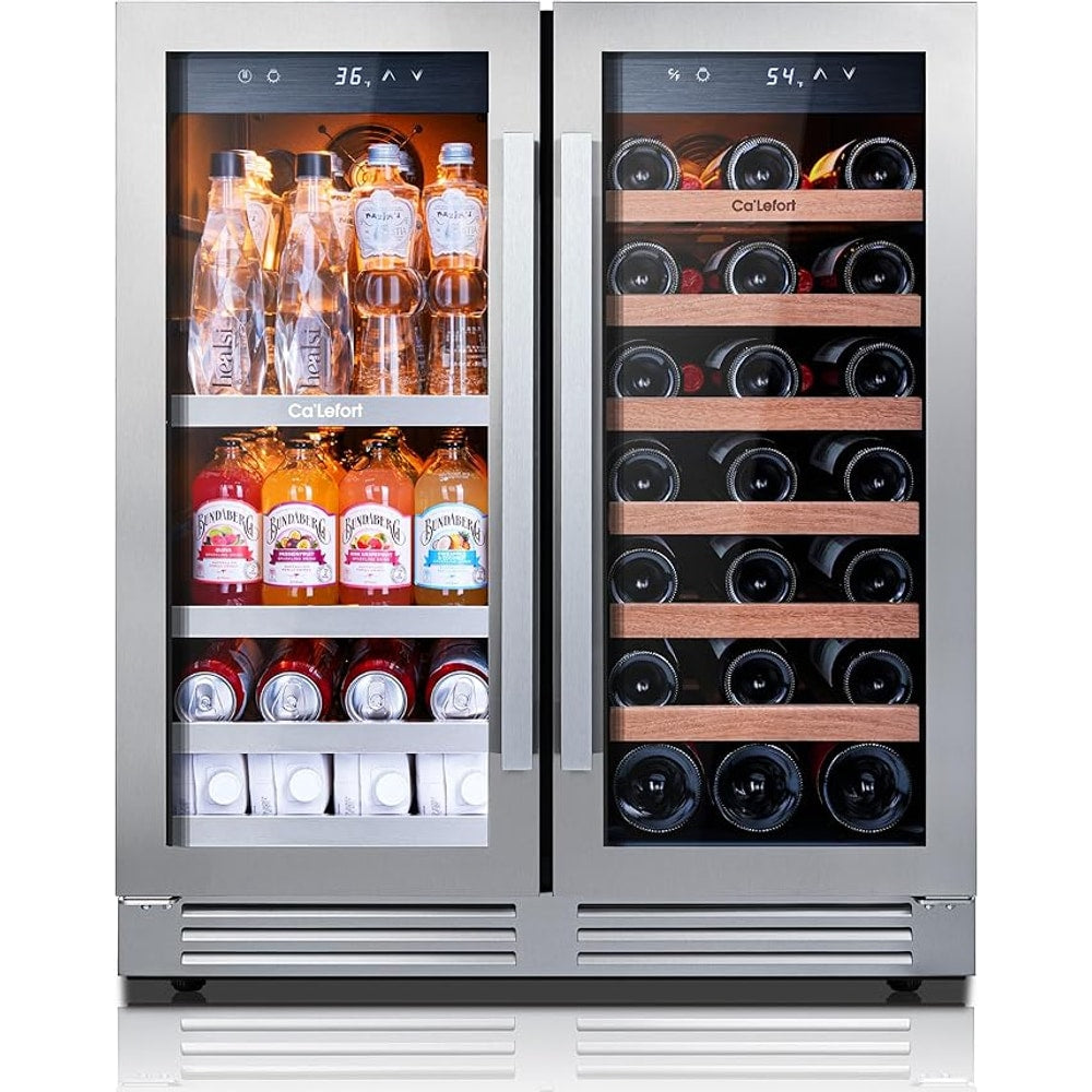 Ca'Lefort 30 Inch Wine and Beverage Refrigerator, 80 Can and 33 Bottle French Door Wine Refrigerator 36-72°F, 3 LED Wine Fridges with Glass Door, Built-in or Freestanding for Home/Kitchen (6.00 cu.ft)