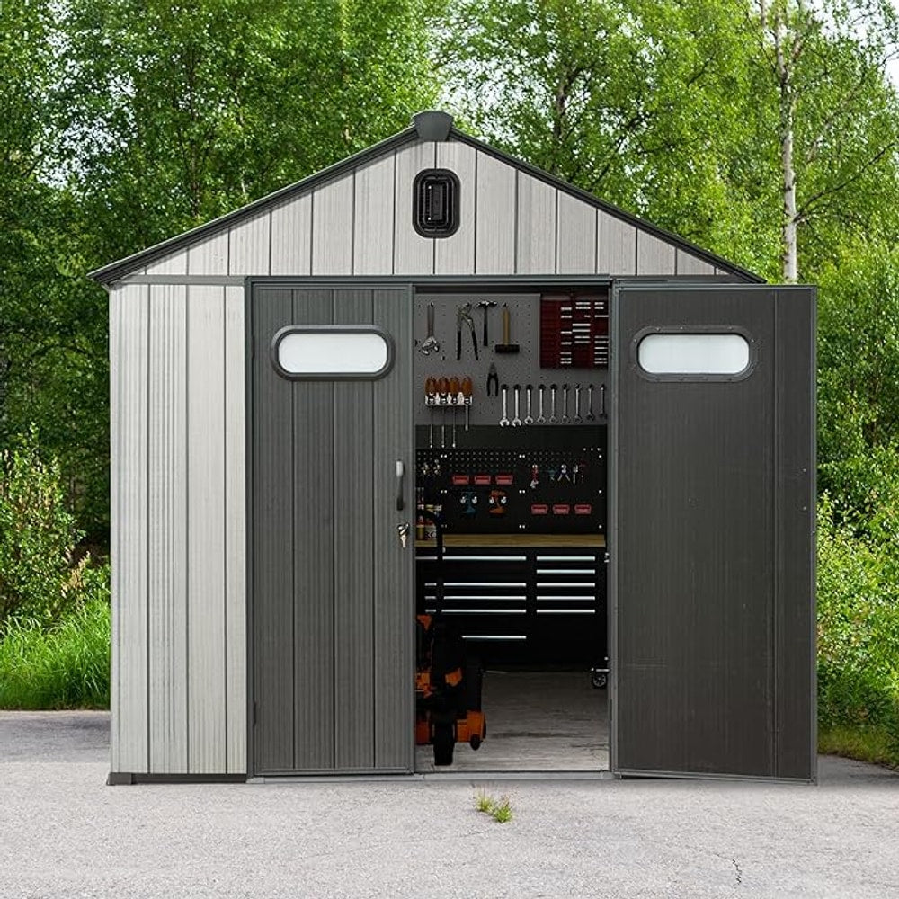 Domi 8x12 FT Outdoor Resin Storage Shed, All-Weather Double-Wall Storage Building for Backyard, Garden, Lawn Tools, Mower, Bike & Pool Equipment, Lockable Doors, Ventilated Roof, Grey
