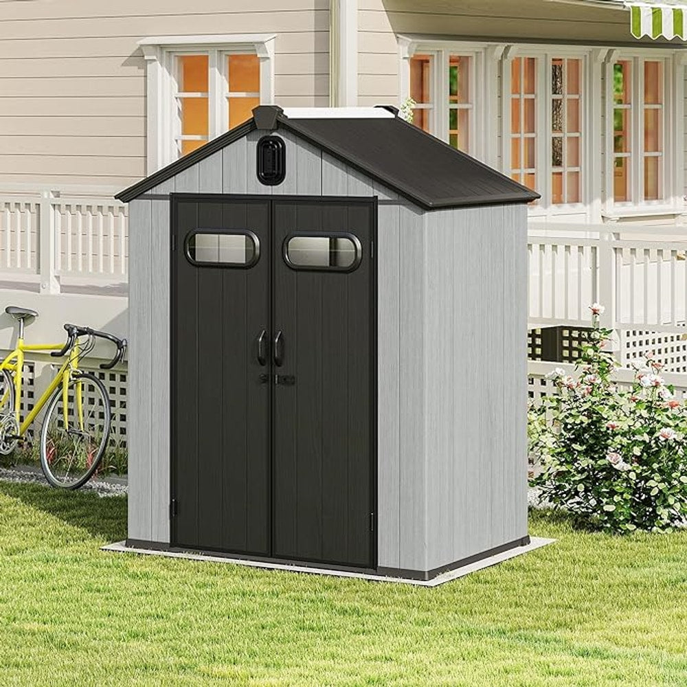 Domi 6x4FT Outdoor Resin Storage Shed with Transparent Windows & Louvered Vents, Plastic Tool Shed with Double Lockable Doors & Gable Roof, Outside Garden Shed for Backyard, Patio, Lawn, Grey