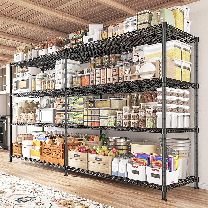 REIBII 81.5''W Storage Shelves 3680LBS Garage Shelving Heavy Duty 4 Tier Metal Shelving Unit Adjustable Wire Shelf and Storage Pantry Shelves for Kitchen Garage, 81.5Wx23.62Dx70.86H,Black, 2PCS
