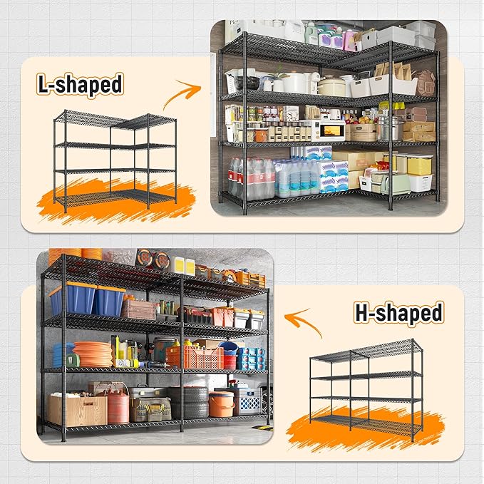 REIBII 81.5''W Storage Shelves 3680LBS Garage Shelving Heavy Duty 4 Tier Metal Shelving Unit Adjustable Wire Shelf and Storage Pantry Shelves for Kitchen Garage, 81.5Wx23.62Dx70.86H,Black, 2PCS