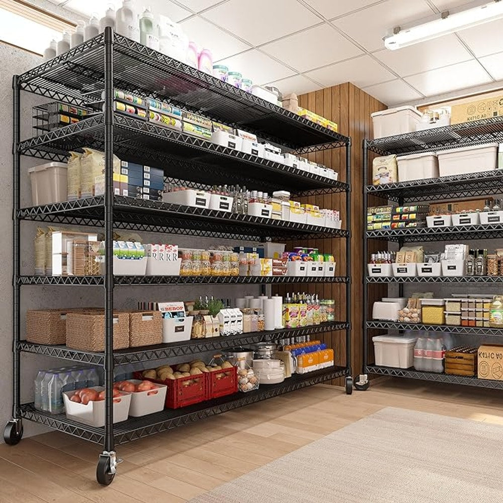 REIBII 60''W X 82.6" H Steel Heavy Duty Wire Shelving Unit with Wheels, 6-Tier Adjustable Storage Shelves 3598LBS Commercial Metal Shelves for Pantry, Garage, College Dorm Industrial Shelving, 2 Pack