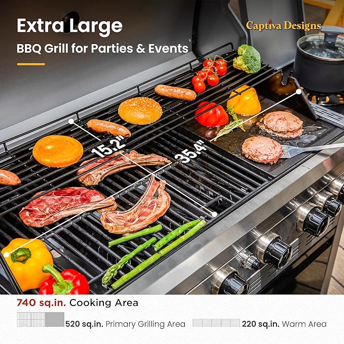 Captiva Designs 6-Burner Propane Gas BBQ Grill with Side Burner & Porcelain-Enameled Cast Iron Grate and Plate for Outdoor Barbucue Events, 52,000 BTU Output,740 SQ.IN. Cooking Area๏ผHeavy Duty
