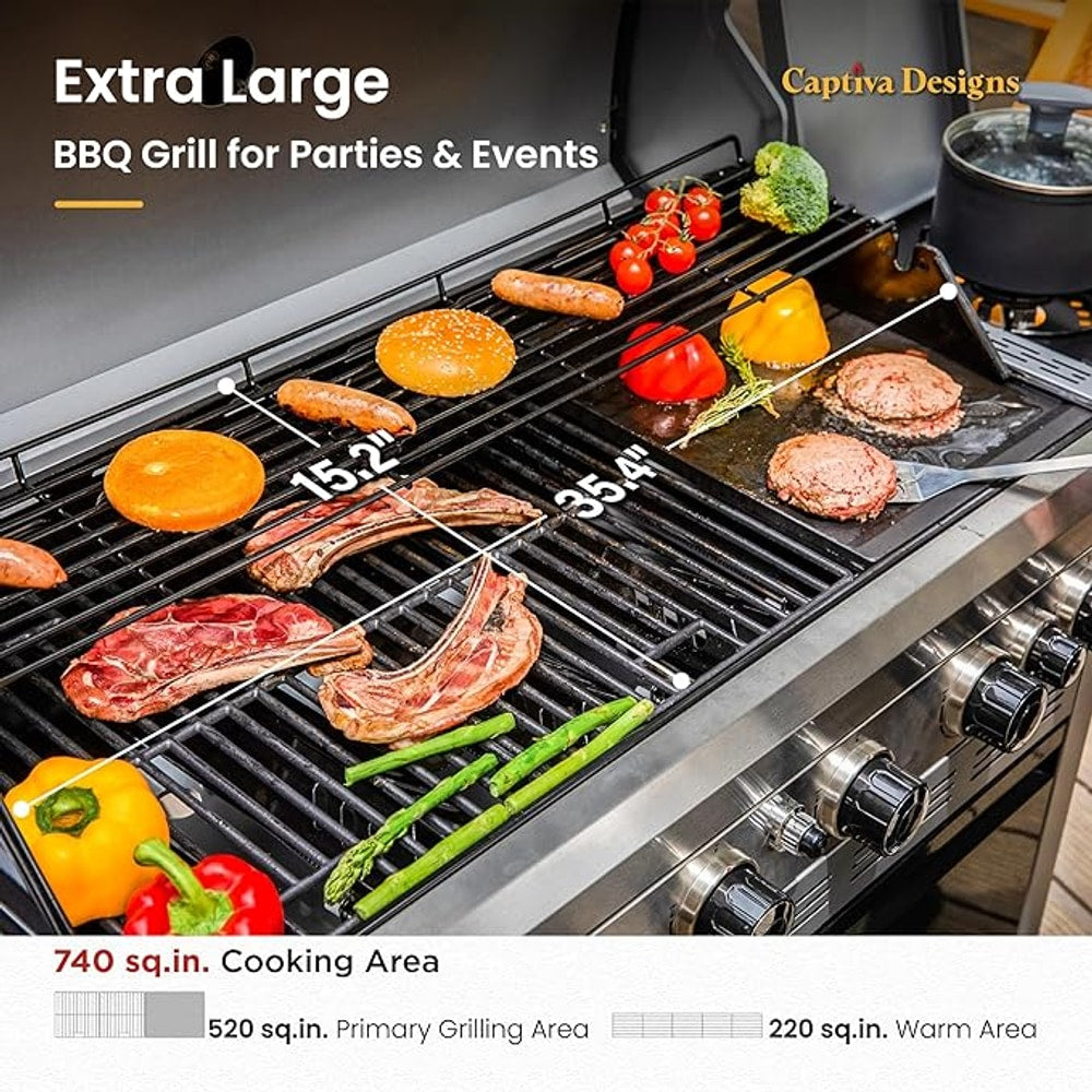 Captiva Designs 6-Burner Propane Gas BBQ Grill with Side Burner & Porcelain-Enameled Cast Iron Grate and Plate for Outdoor Barbucue Events, 52,000 BTU Output,740 SQ.IN. Cooking Area๏ผHeavy Duty