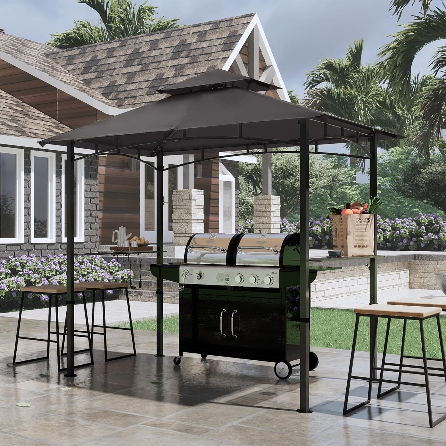 COOSHADE 8'x 5' Grill Gazebo Double Tiered Outdoor BBQ Gazebo Canopy with LED Light (Gray)