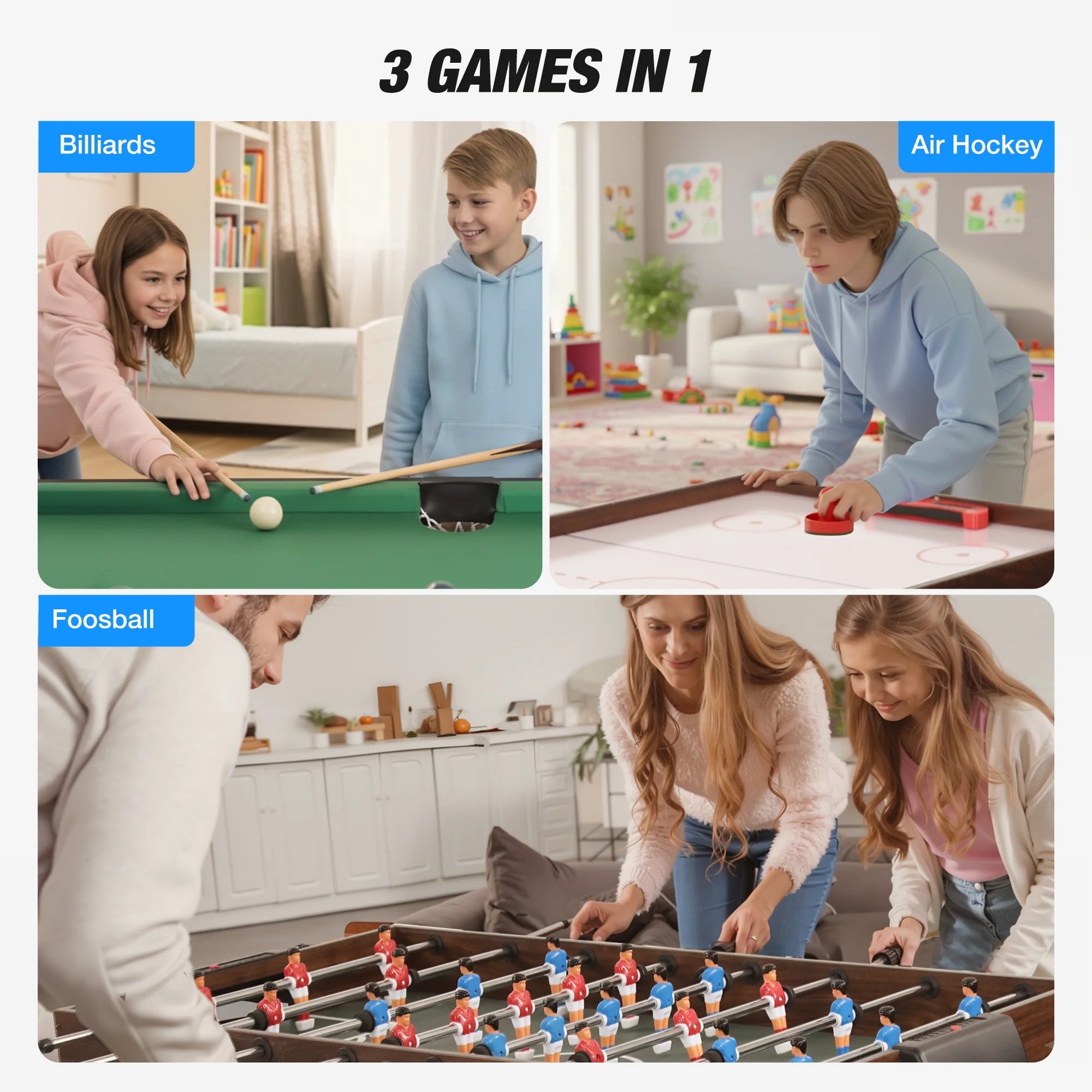 Mesa De Juego 3 En 1 Con Air Hockey, Foosball, Pool, Mesa De Juego Múltiple De 48'' Con Todos Los Accesorios Y Almacenamiento, Mesa De Juego Combinada Nivel Profesional Para Adultos Niños Sala De Juegos Familiar
