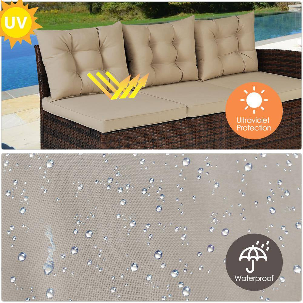 Island 3-Piece Wicker Dining Set Patio Furniture 6-Seats Sofa with Coffee Cushions