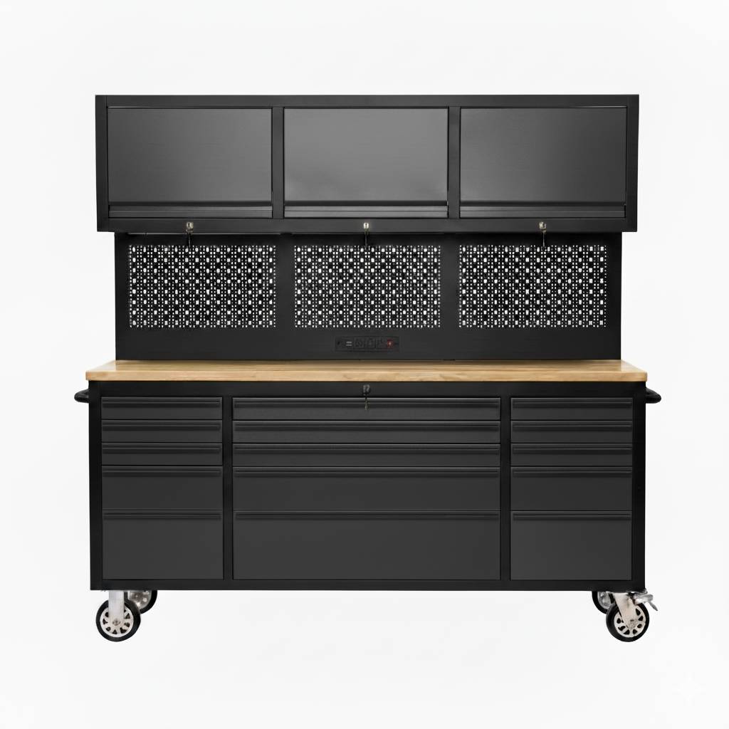 72" Rolling Tool Chest with Power Strip, Workbench, Upper Cabinets & Pegboard