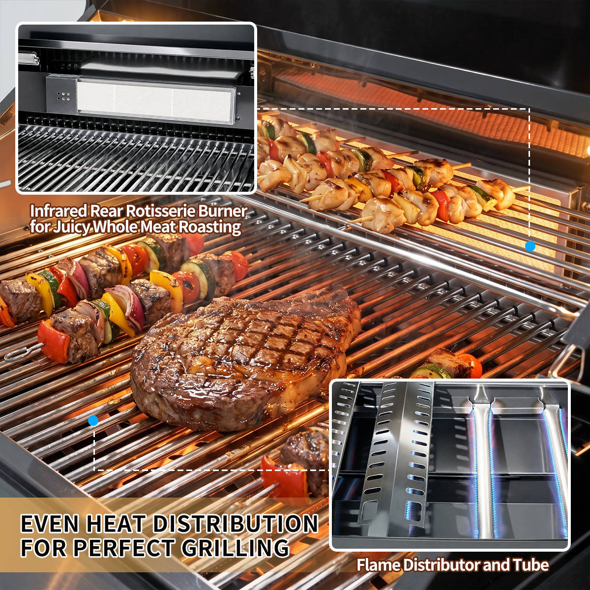 46" Four Burners Black Outdoor Kitchen Islands Grill + Side Burner