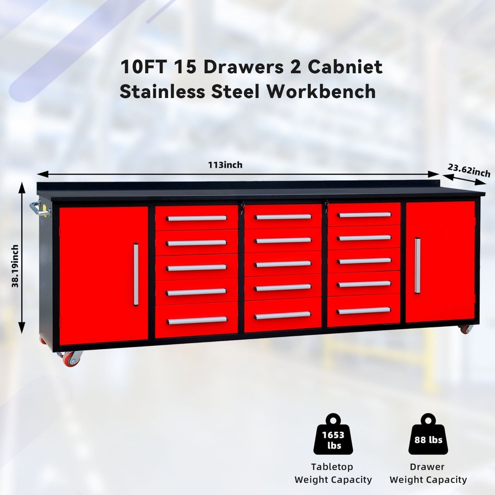 10ft Workbench Storage Cabinet with 15 Drawers & 2 Cabinets