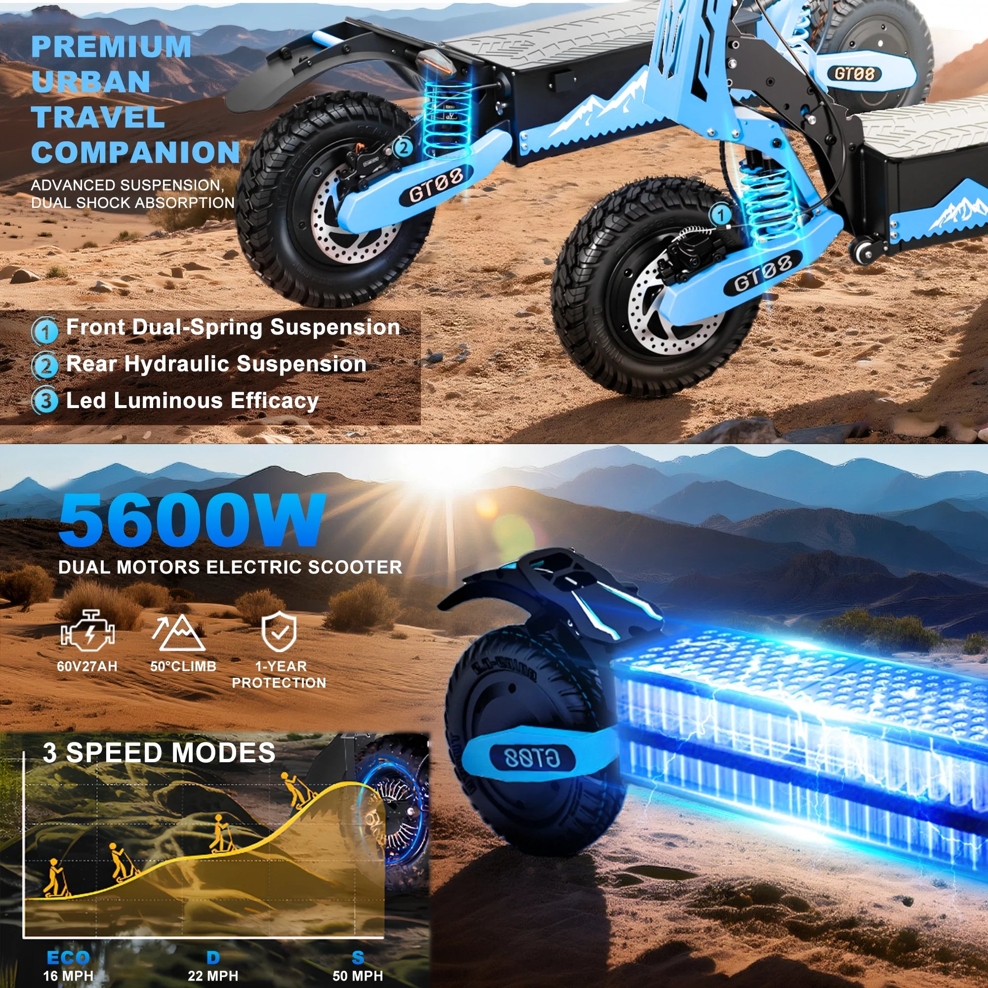 GT08 Electric Scooter for Adults,5600W Dual Motor Off-Road E-Scooter, 50 MPH Top Speed & 46 Miles Long Range, 11" Fat Tires Foldable Motorized Scooter, 60V 27AH UL2272